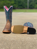  Anderson Bean men's square toe boots made of tobacco yeti leather, with brass explosion tops. Bottom view showing hybrid outsole. 