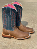 A pair of women's Macie Bean square-toe boots with a brown vamp, and a blue jeans shaft.