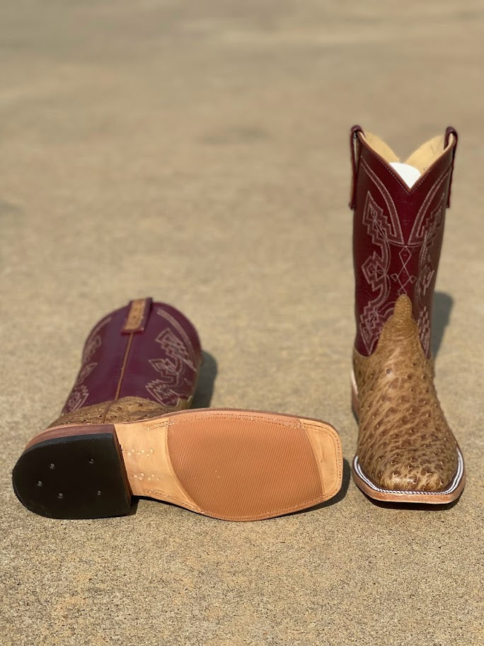 Men's Anderson Bean square toe boots with Terra Vintage Full Quill Ostrich vamps and Matador Kidskin tops with a detailed stitch pattern and ostrich overlay on pull straps. Bottom view showing the hybrid outsole. 