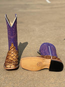 Men's Horse Power Top Hand Antique Saddle Big Bass square toe boots with a 13" leather Purple Wipeout top with an intricate stitch pattern. Bottom view showing leather outsole. 