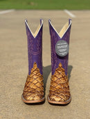 Men's Horse Power Top Hand Antique Saddle Big Bass square toe boots with a 13" leather Purple Wipeout top. Front View