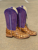Men's Horse Power Top Hand Antique Saddle Big Bass square toe boots with a 13" leather Purple Wipeout top with an intricate stitch pattern. Side view showing white piping. 