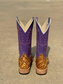 Men's Horse Power Top Hand Antique Saddle Big Bass square toe boots with a 13" leather Purple Wipeout top with an intricate stitch pattern. Rear View