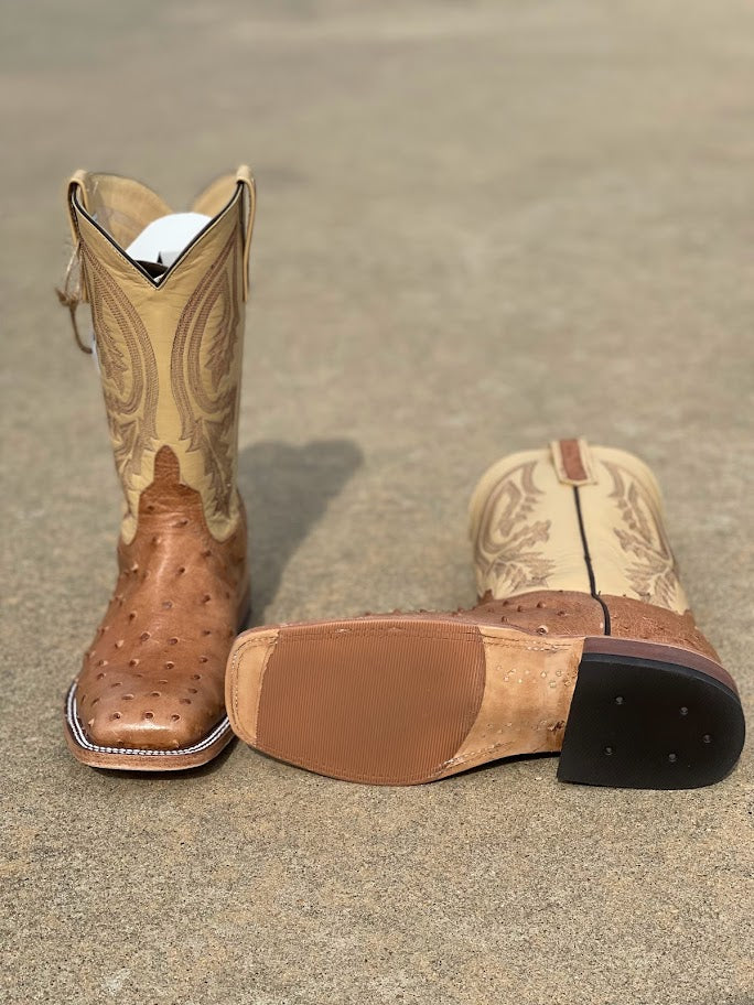 Men's Anderson Bean Tan Full Quill Ostrich wide square toe boots with 11 inch Dromedary Kidskin tops, featuring a matching ostrich overlay on pull tabs. Bottom View showing hybrid outsole. 