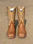 Men's Anderson Bean Tan Full Quill Ostrich wide square toe boots with 11 inch Dromedary Kidskin tops, featuring a matching ostrich overlay on pull tabs. Front View
