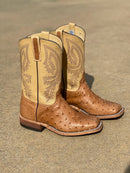Men's Anderson Bean Tan Full Quill Ostrich wide square toe boots with 11 inch Dromedary Kidskin tops, featuring a matching ostrich overlay on pull tabs.