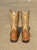 Men's Anderson Bean Tan Full Quill Ostrich wide square toe boots with 11 inch Dromedary Kidskin tops, featuring a matching ostrich overlay on pull tabs. Rear View