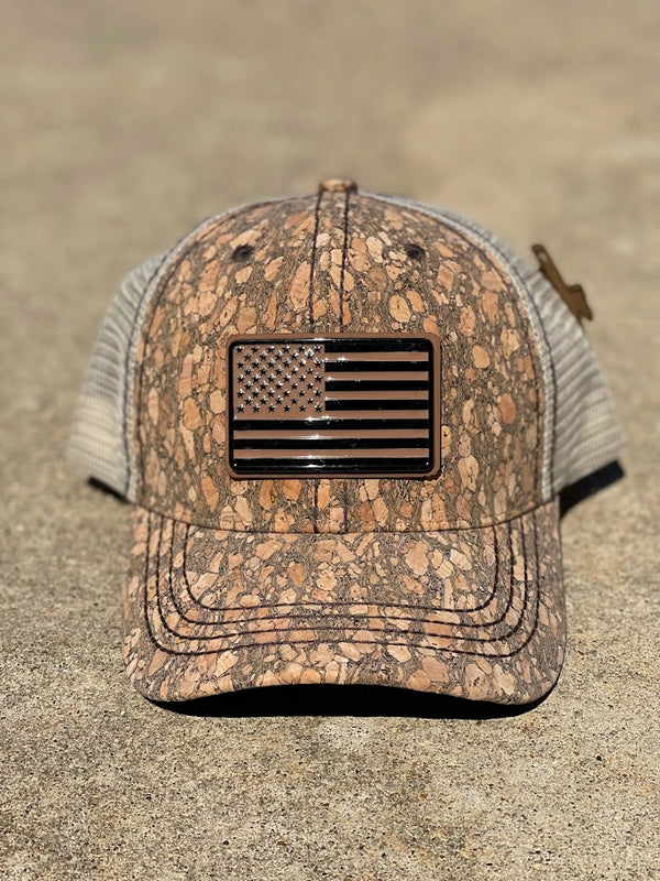 Brown Cork Cap With American Flag Metal Concho