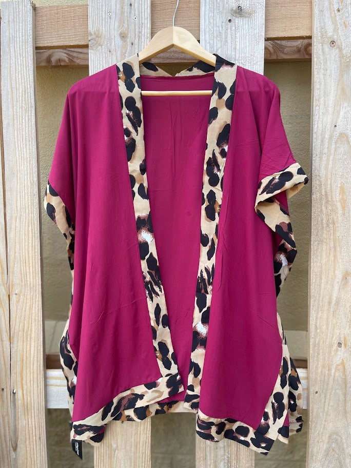 Burgundy Kimono With Leopard Trim 5027713-BURGUNDY