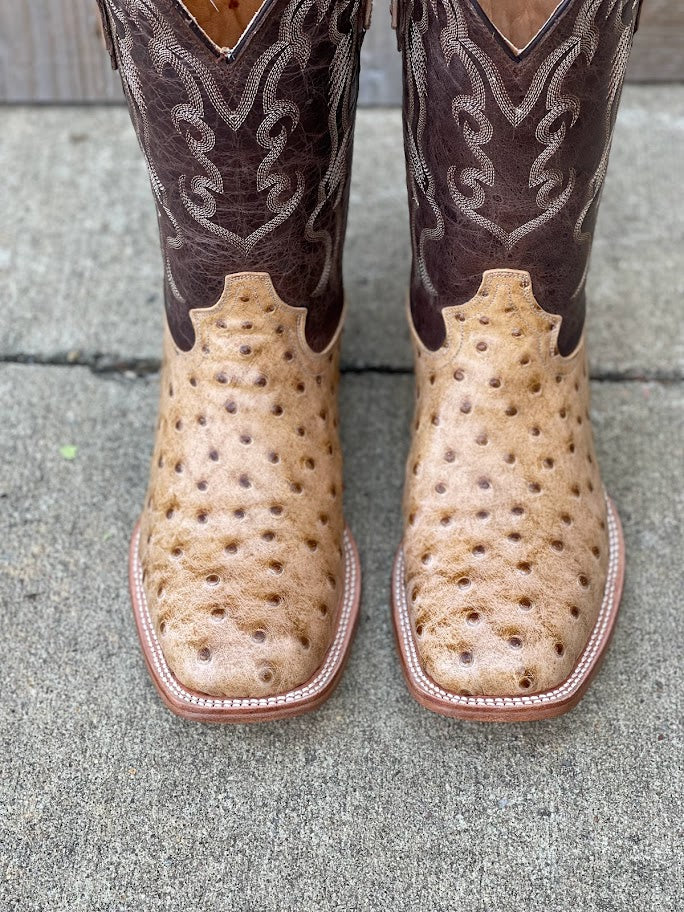 Men's Cowtown square toe boots with a 12-inch leather shaft and Oryx Full Quill Ostrich-print vamp. Close up of toe. 