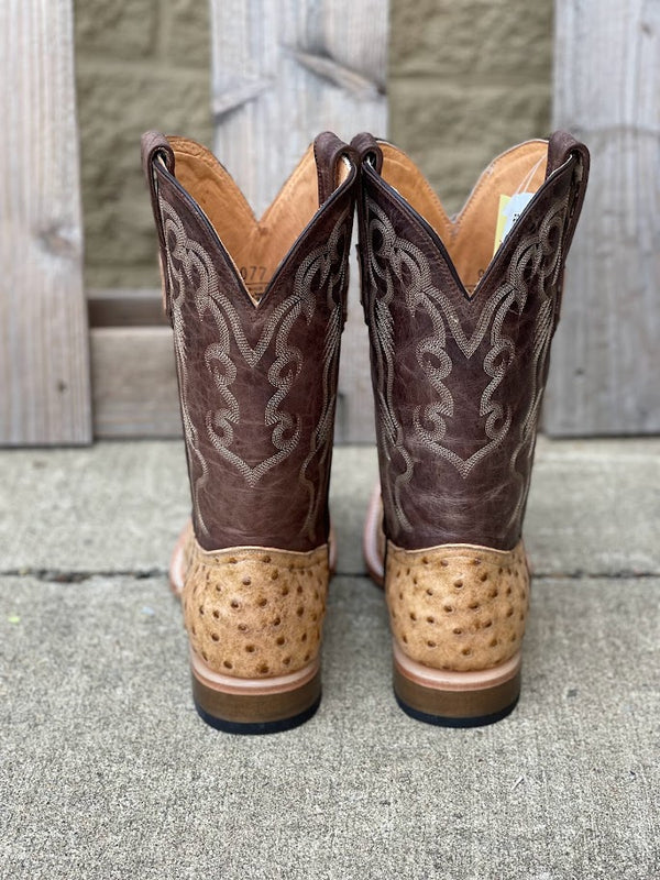 A4008 - MEN'S BROWN EMBROIDERY WITH WOVEN DETAIL AND OVERLAY FULL QUILL  OSTRICH SQUARE TOE COWBOY BOOT