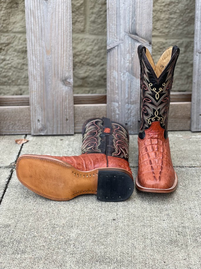 Men's square toe boots cognac caiman tail print leather. Bottom view showing leather outsole. 