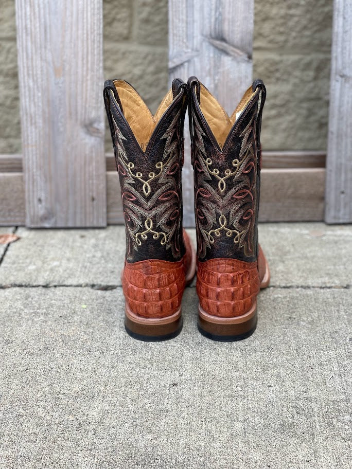 Men's square toe boots cognac caiman tail print leather. Rear View 