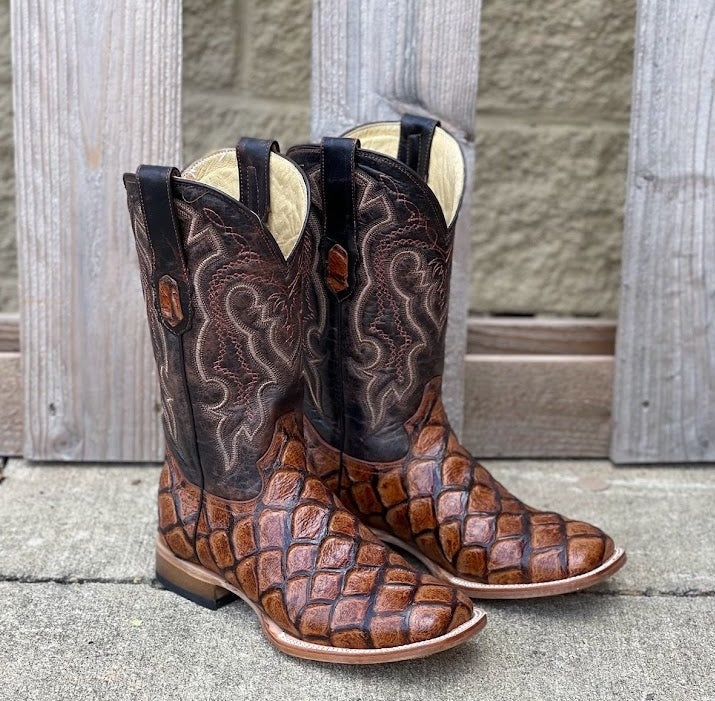 Cowtown Q156 12" Cognac Big Bass Print Square Toe Boot