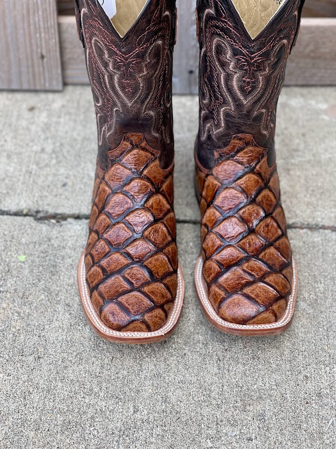 Cowtown 12" Shaft Cognac Big Bass Print Leather Square Toe Boot