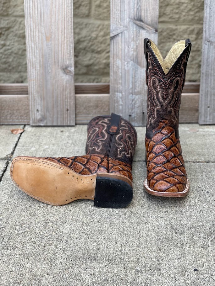 Cowtown 12" Shaft Cognac Big Bass Print Leather Square Toe Boot