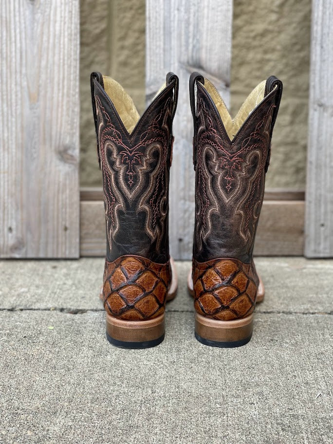 Cowtown 12" Shaft Cognac Big Bass Print Leather Square Toe Boot