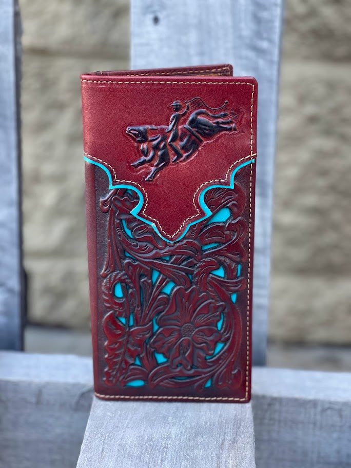 Brown leather tall wallet with a embossed Bull Rider design and a Turquoise inlay. Front View