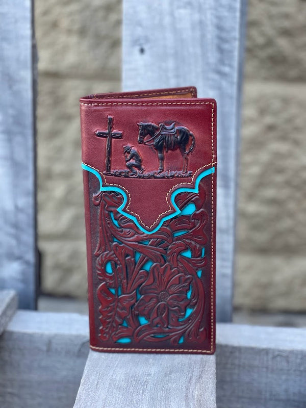 Top Notch Accessories 60202-3BR Brown Praying Cowboy w/Turquoise Inlay Wallet