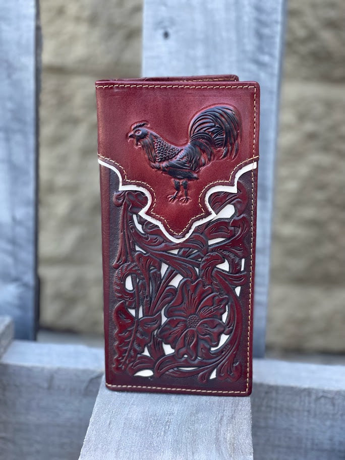 Brown leather tall wallet with Beige inlay and a embossed Rooster design.  Front View