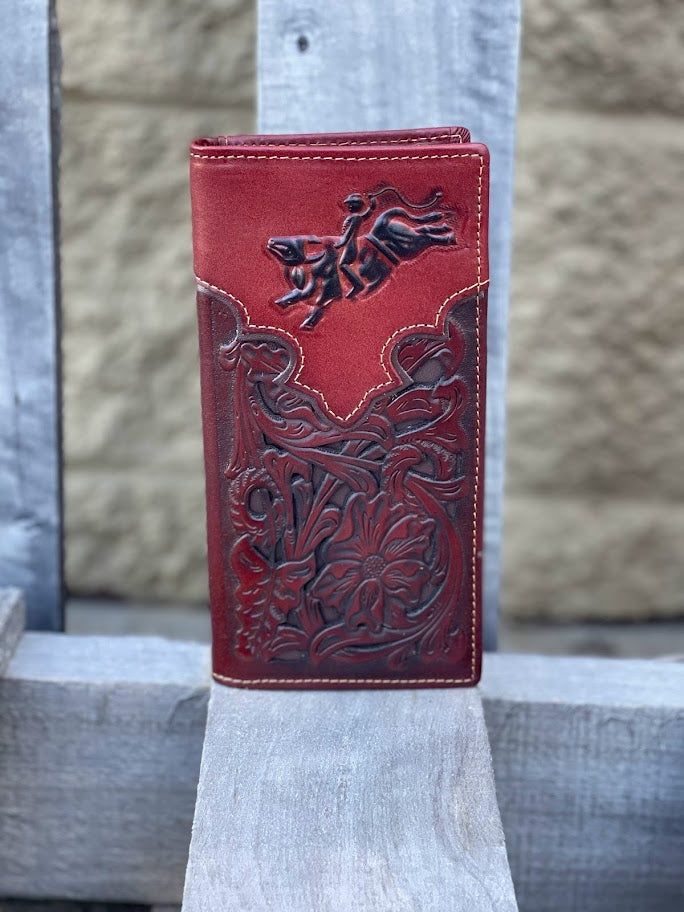 Brown leather tall wallet with embossed Bull Rider design with a Brown inlay. Front View