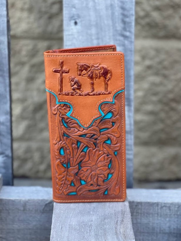 Top Notch Accessories 60202-3L.BR Light Brown Praying Cowboy w/Turquoise Inlay Wallet