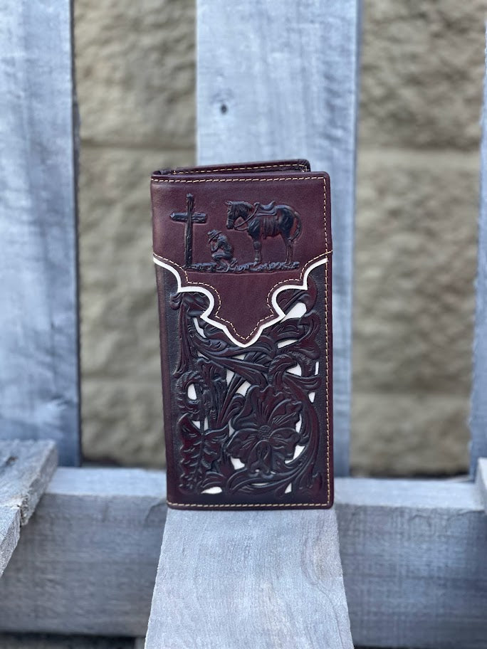 Top Notch Accessories Embossed Praying Cowboy Design Coffee Brown Tall Wallet with Beige Inlay
