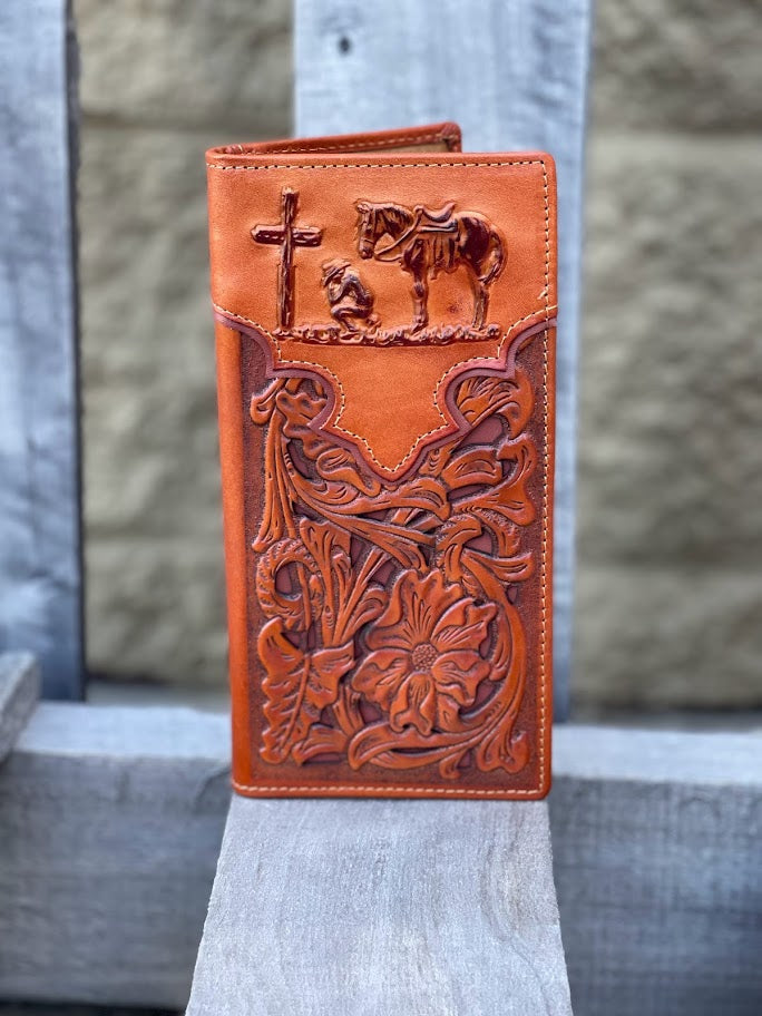 Light Brown leather tall wallet with a Brown inlay and a embossed Praying Cowboy design. Front View