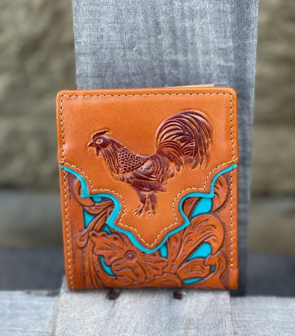Top Notch Accessories Embossed Rooster with Turquoise Inlay Bi-Fold Wallet in Light Brown
