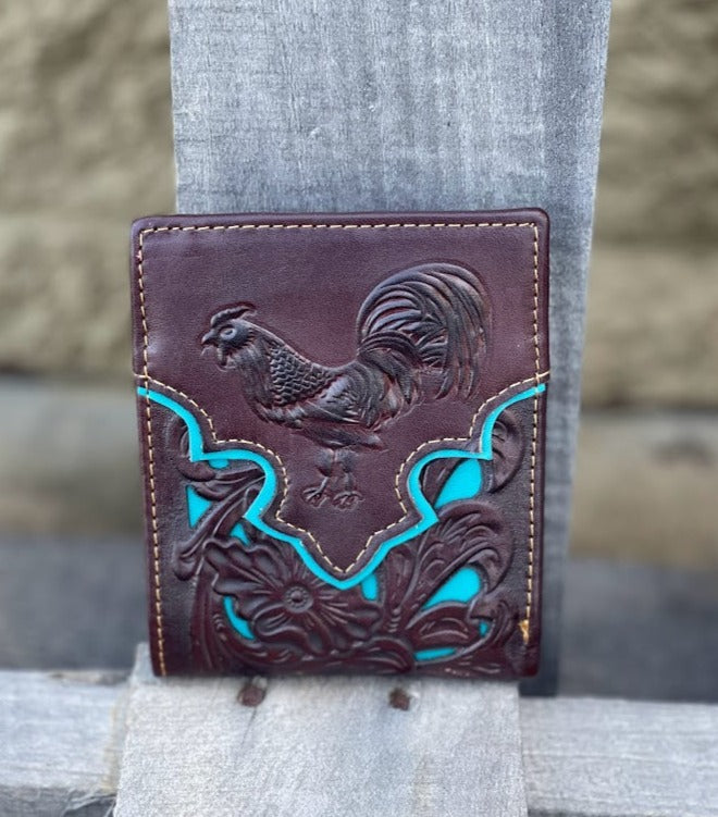 Top Notch Accessories 50101-3CF Coffee Rooster w/Turquoise Inlay Bi-Fold Wallet
