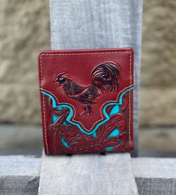 Top Notch Accessories 50101-3BR Brown Rooster w/Turquoise Inlay Bi-Fold Wallet