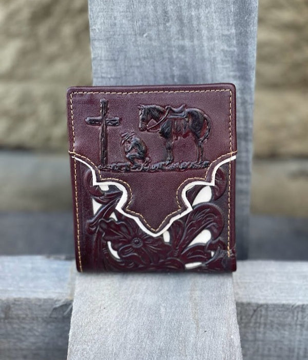 Top Notch Accessories 50100-2CF Coffee Praying Cowboy w/Beige Inlay Bi-Fold Wallet