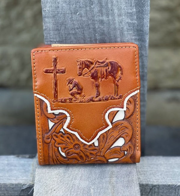 Top Notch Accessories 50100-2L.BR Light Brown Praying Cowboy w/Beige Inlay Bi-Fold Wallet