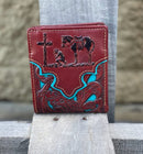 This Brown leather bifold wallet has a Turquoise inlay with a embossed Praying Cowboy design. Front View