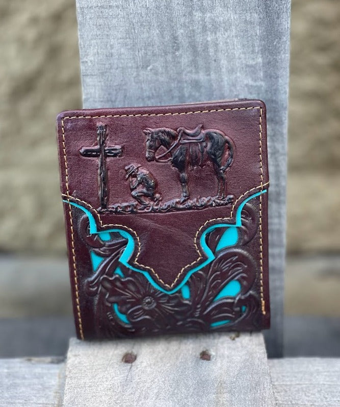 Coffee Brown bifold leather wallet with a turquoise inlay, featuring a embossed Praying Cowboy design. Front View
