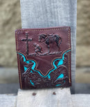 Coffee Brown bifold leather wallet with a turquoise inlay, featuring a embossed Praying Cowboy design. Front View