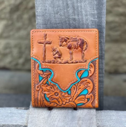 Light Brown and Turquoise inlay leather bifold wallet with embossed Praying Cowboy design. Front View