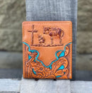 Top Notch Accessories Embossed Praying Cowboy in Light Brown Leather with Turquoise Inlay Bi-Fold Wallet
