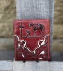 Brown bifold leather wallet with Beige inlay featuring a embossed Praying Cowboy design. Front View