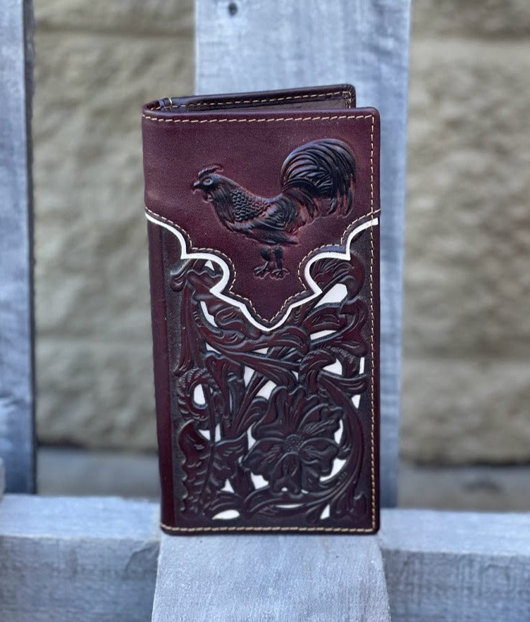 Coffee Brown leather tall wallet with a embossed Rooster design and Beige inlay. Front View