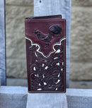 Coffee Brown leather tall wallet with a embossed Rooster design and Beige inlay. Front View
