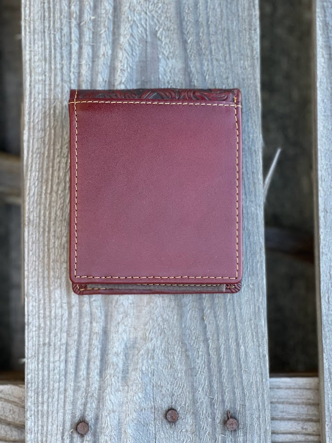 Brown bifold wallet with a Brown inlay and a embossed Praying Cowboy design. Rear View 
