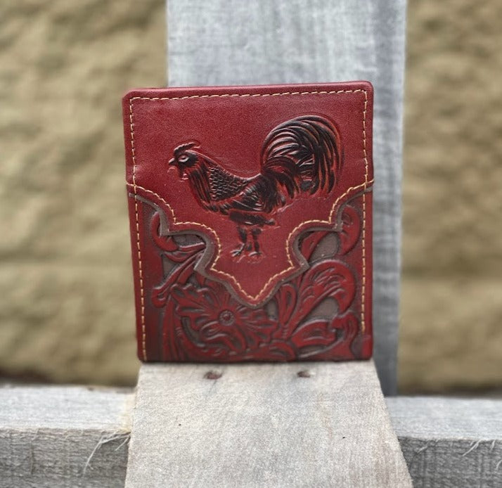 Brown leather bifold wallet with embossed Rooster design and a brown inlay. Front View