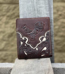 Top Notch Accessories Embossed Rooster on Coffee Leather With Beige Inlay Bi-Fold Wallet