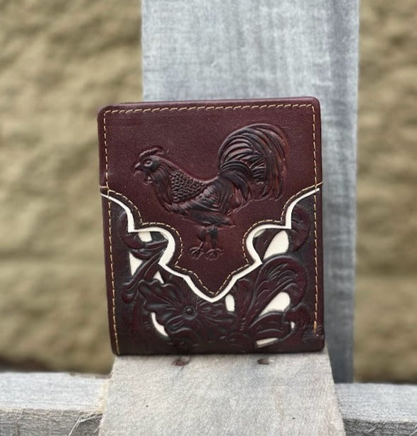 Brown leather bifold wallet with a beige inlay and a embossed Rooster design. Front View