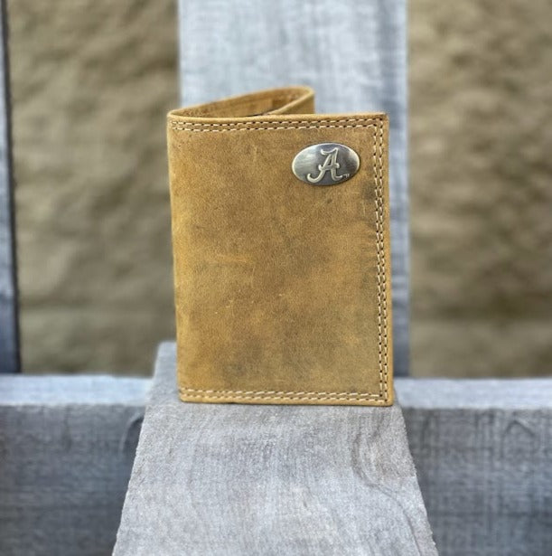Zep Pro University of Alabama Roll Tide Vintage Tan Leather Tri-fold Wallet front view