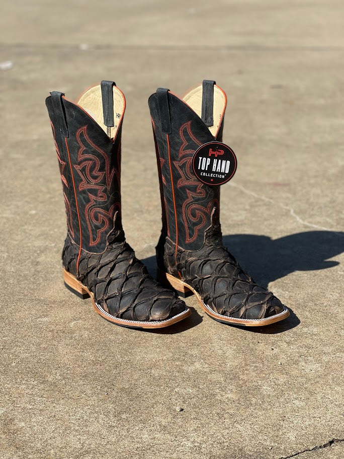 Men's Horse Power Top Hand square toe boots in Toasted Big Bass with a 13" Mad Dog shaft with a intricate stitch pattern. 