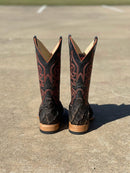 Men's Horse Power Top Hand square toe boots in Toasted Big Bass with a 13" Mad Dog shaft with a intricate stitch pattern.  Rear View
