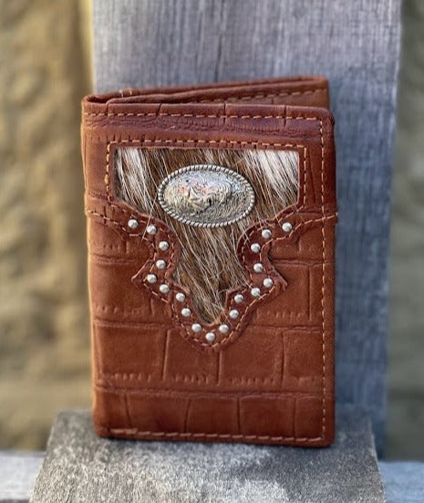 Top Notch Accessories A6003BR Brown Alligator Print w/Rooster Concho Tri-Fold Wallet