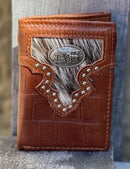 Brown alligator print leather tri-fold wallet featuring an upper hair-on framed section with a cowboy praying at the cross Concho. Front View